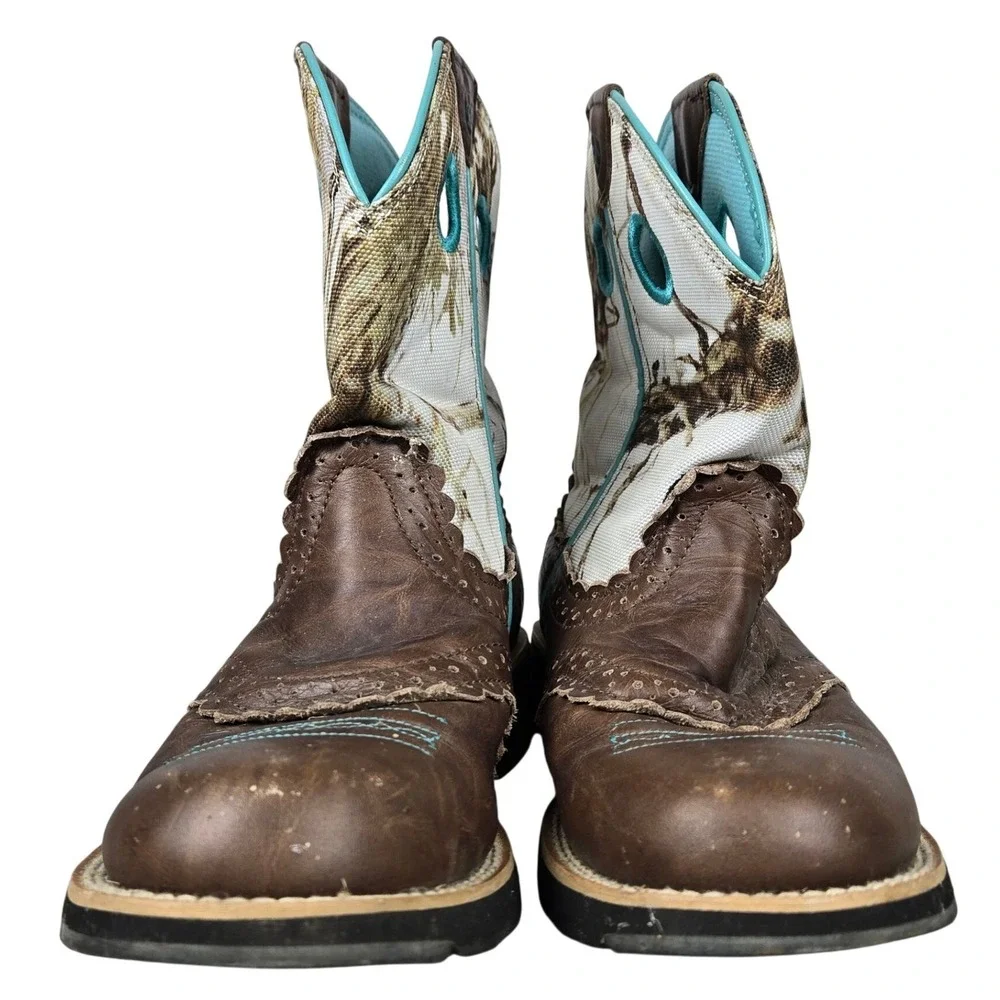 Ariat Fatbaby Camo Western Boots Brown Leather Teal Trim 10009503 Womens 7.5B